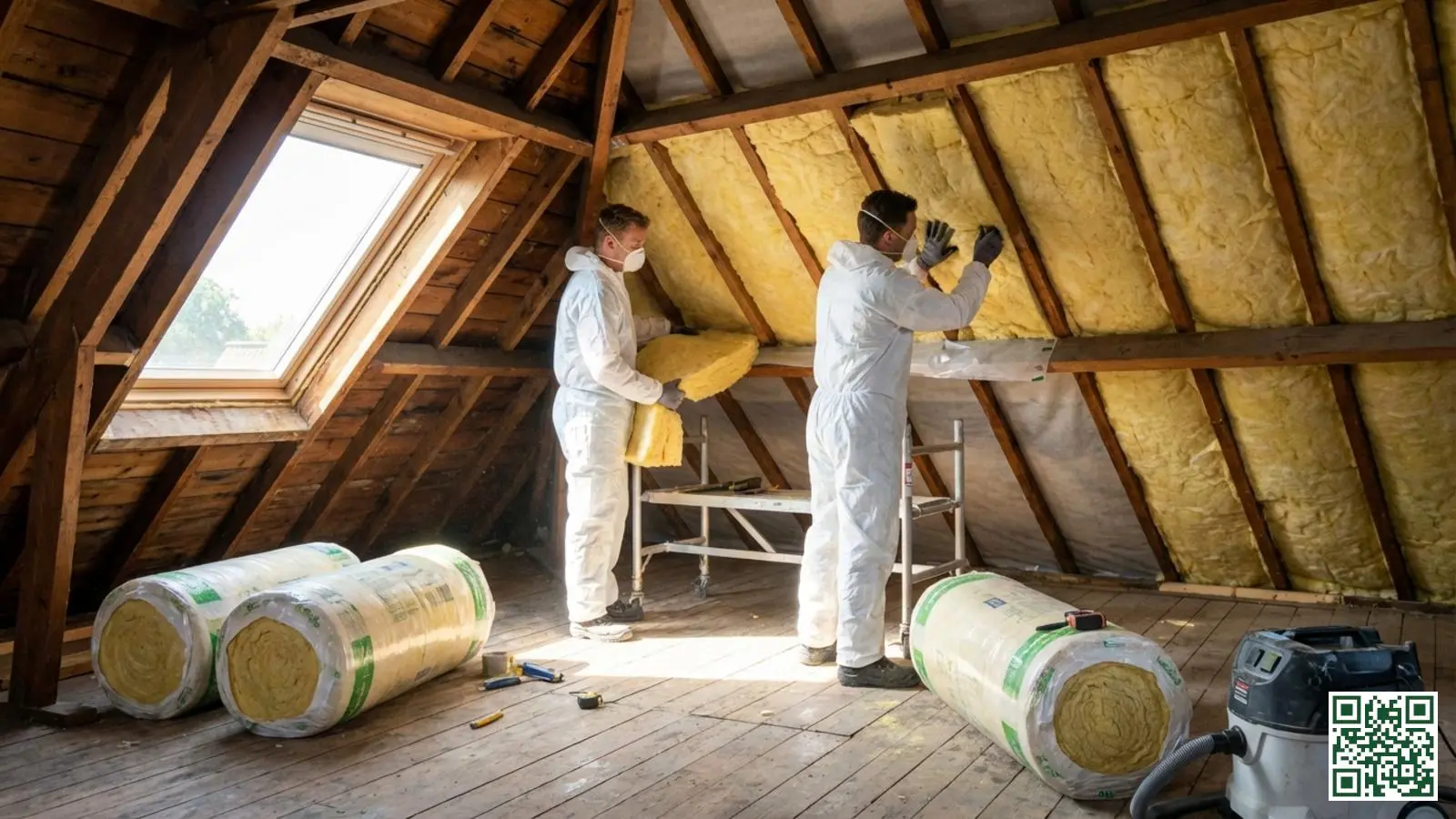 Twee vakmannen installeren minerale wol isolatie tussen dakbalken in een Nederlandse zolderruimte tijdens een isolatieproject