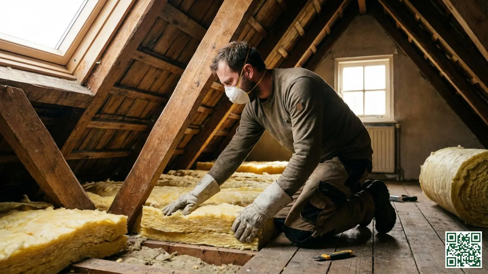 Professionele installateur plaatst gele minerale wol isolatie tussen houten dakbalken op Nederlandse zolder