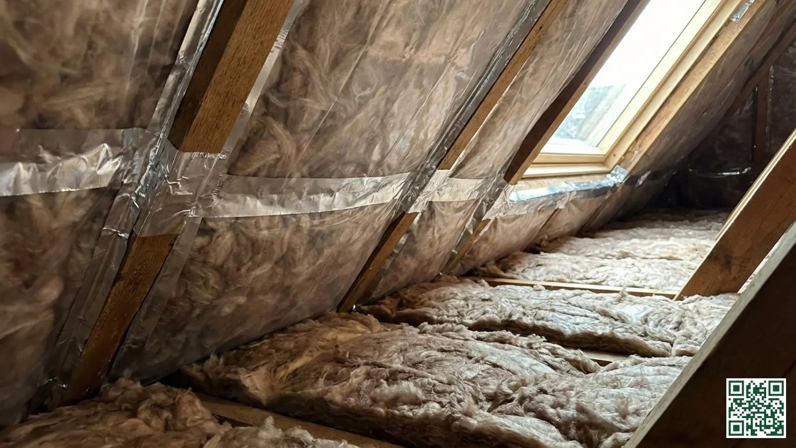 Close-up van intact dampscherm met tape afgewerkt bij dakisolatie in Nederlandse zolderruimte