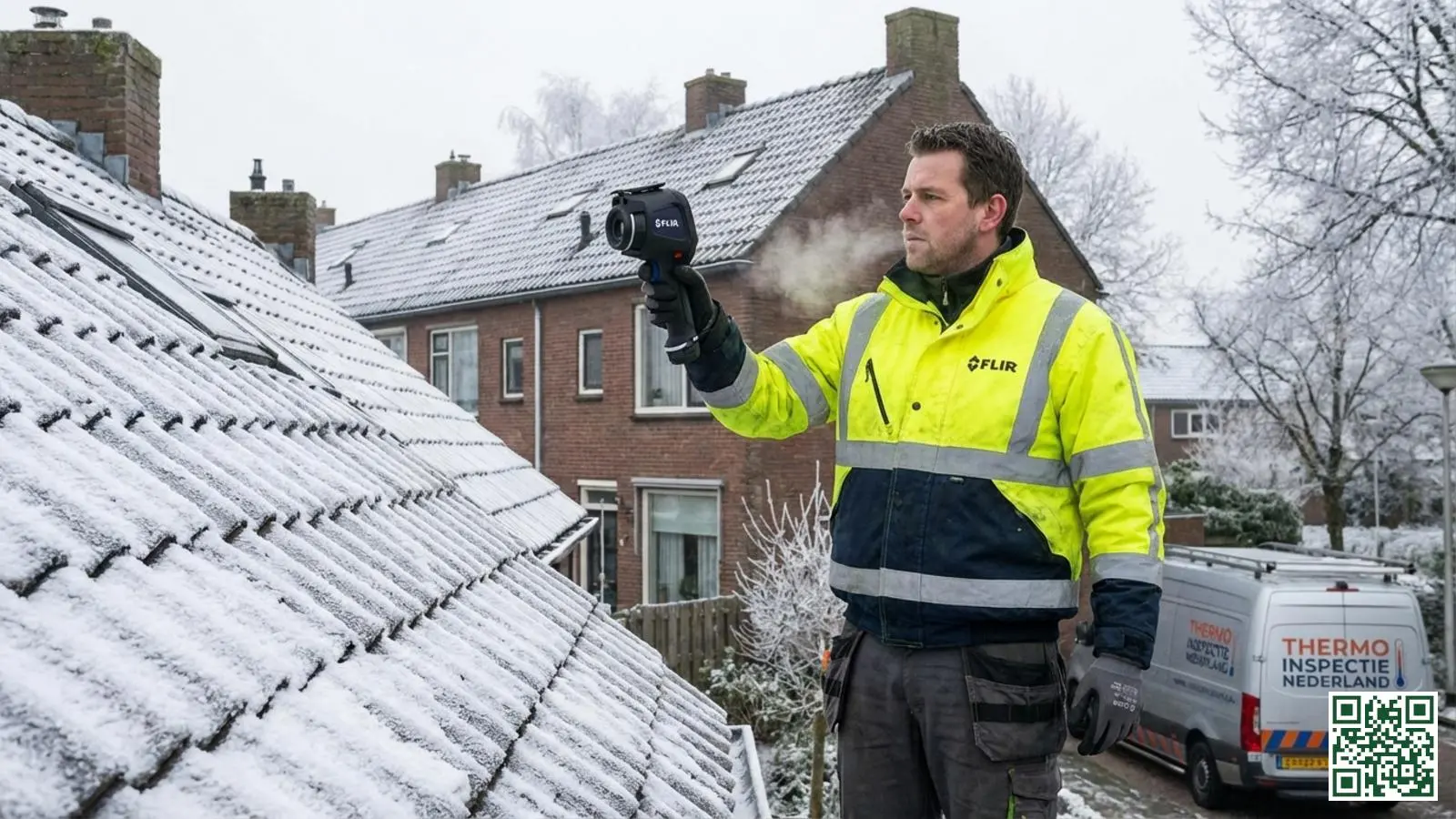 Vakman voert thermografisch onderzoek uit op een Nederlandse woning om de kwaliteit van dakisolatie te controleren