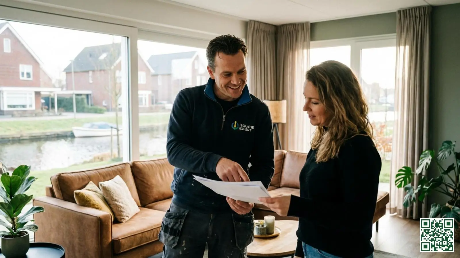 Professionele dakisolatie specialist in gesprek met huiseigenaar over offerte en werkzaamheden in Nederlandse woonkamer