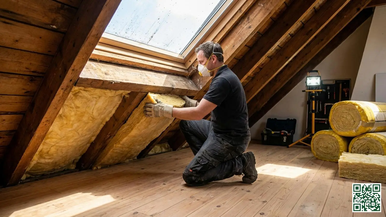 Installateur plaatst nieuwe dakisolatie tussen de balken na verwijdering van oude materialen