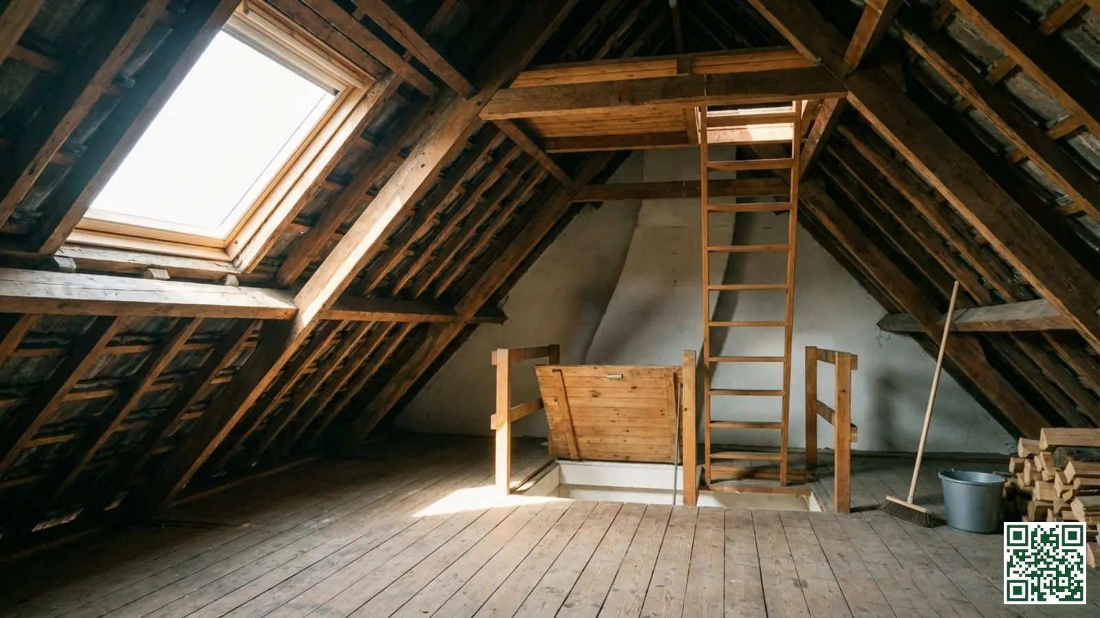 Opgeruimde zolderruimte met vrije toegang tot de dakconstructie en zichtbare houten gordingen