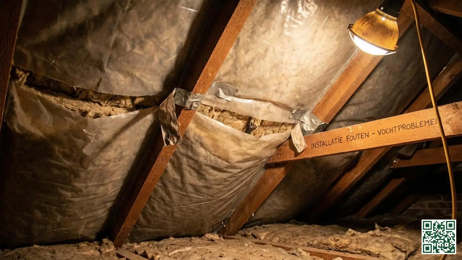 Verkeerd aangebracht dampscherm bij dakisolatie met zichtbare kieren en slecht afgeplakte naden