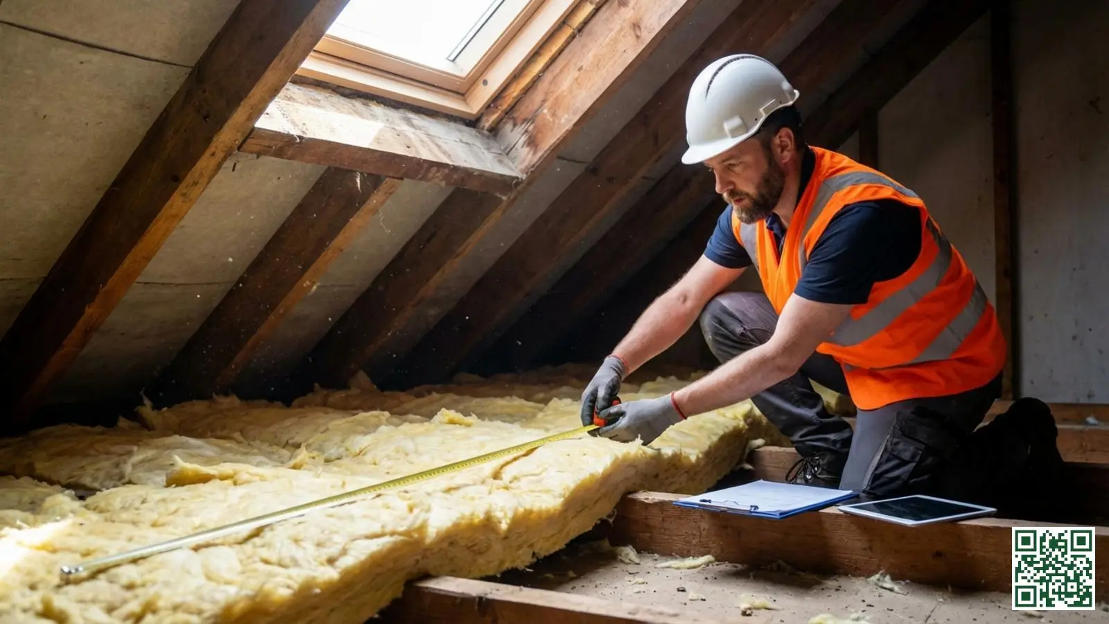 Bouwvakker controleert de dikte van dakisolatie met een meetlint tussen de houten dakbalken op een zolder