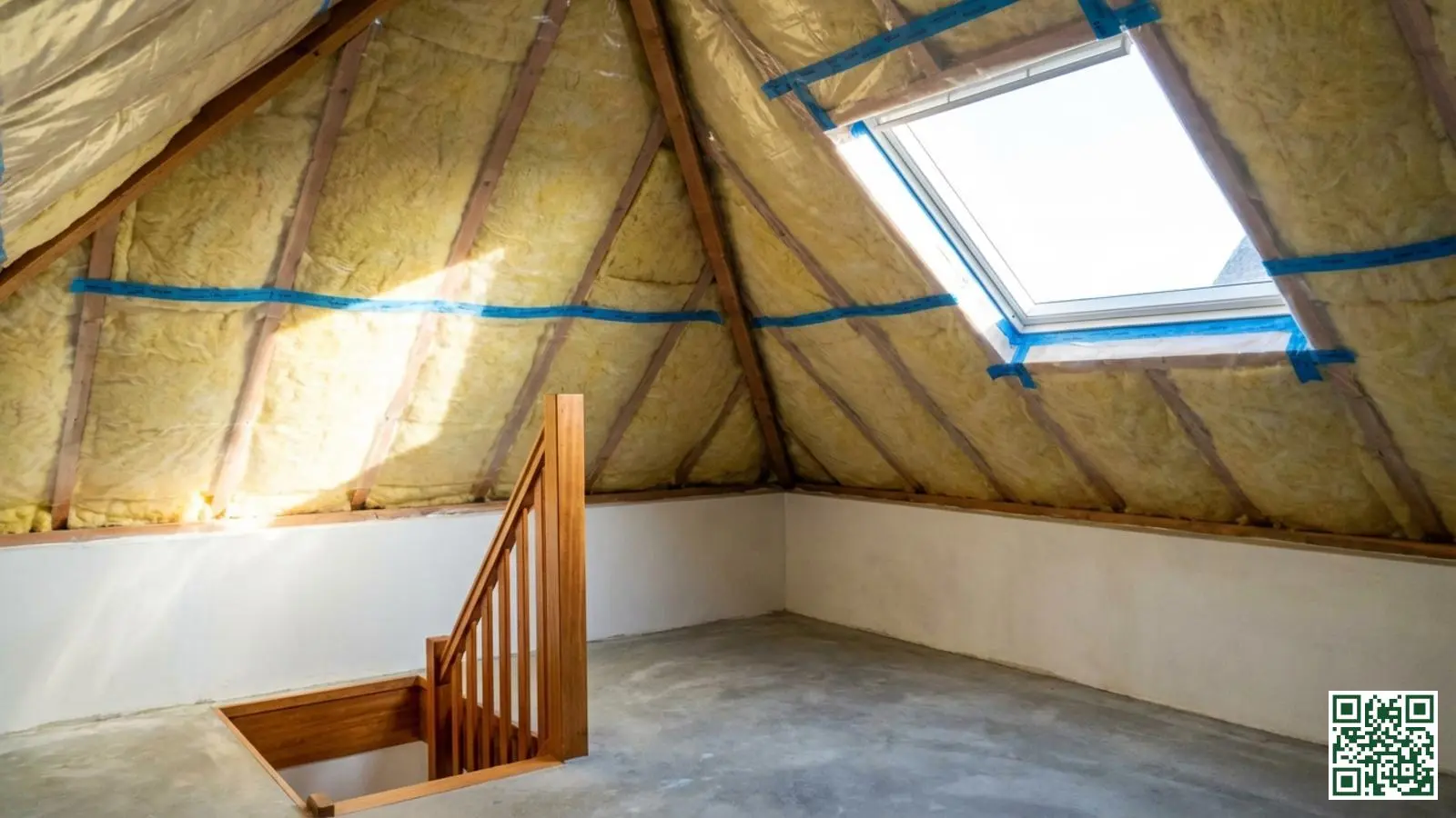 Professioneel geïsoleerde zolder met dikke isolatielaag tussen de dakbalken en correct aangebracht dampscherm