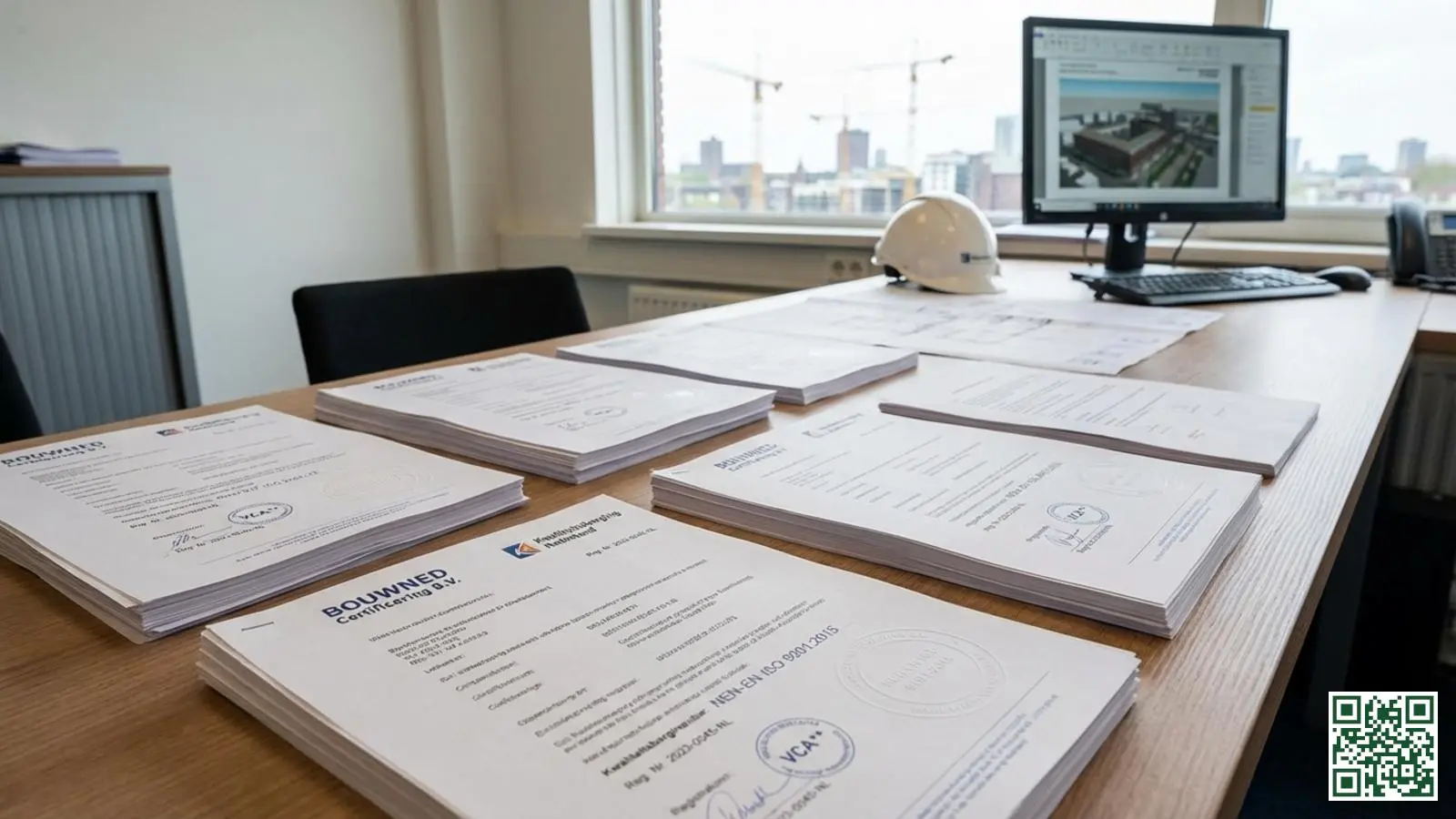 Officiële BRL certificeringsdocumenten en kwaliteitskeurmerken op bureau van professioneel isolatiebedrijf