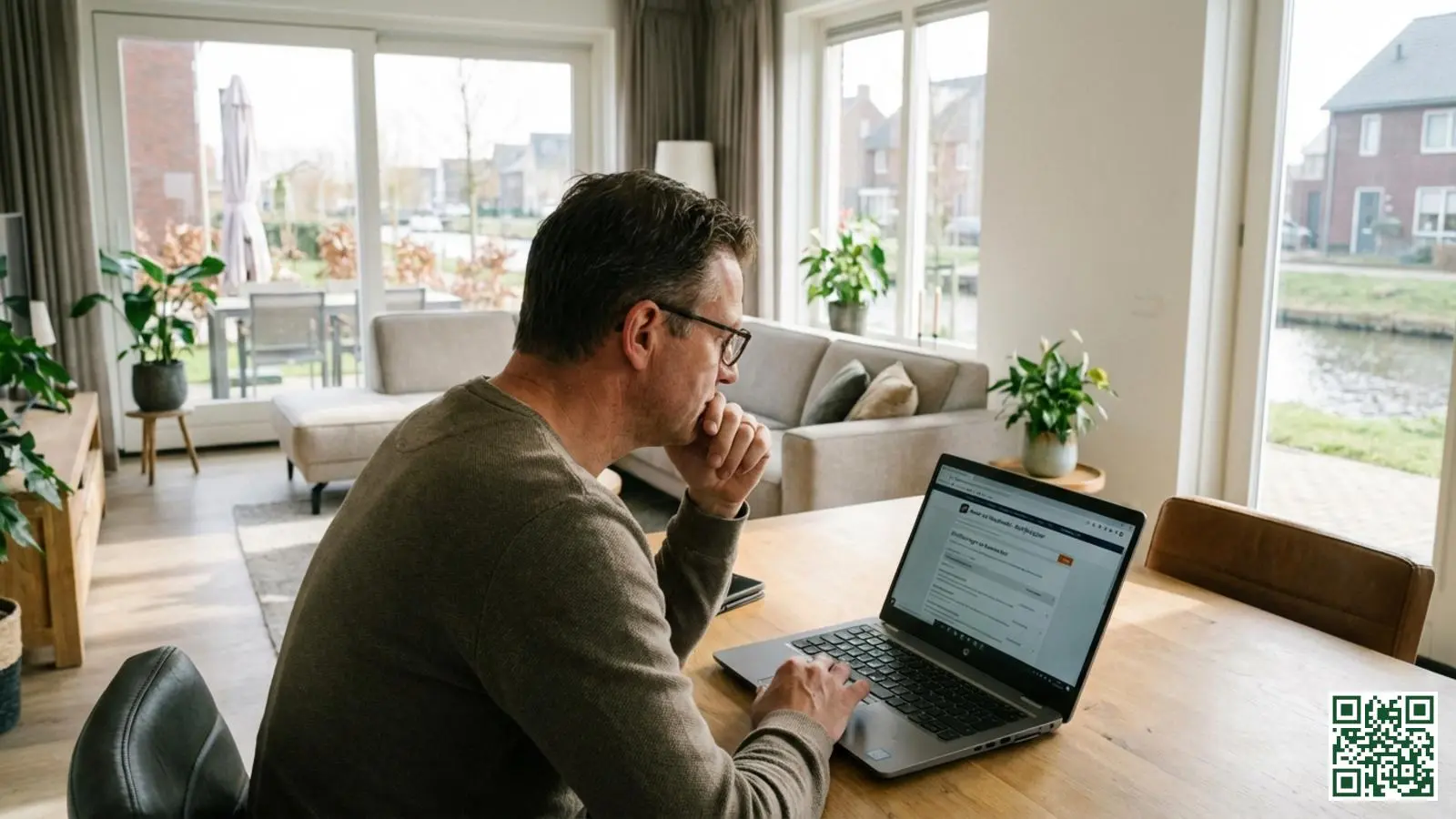 Huiseigenaar controleert online de certificeringsstatus van een dakisolatiebedrijf op laptop in woonkamer