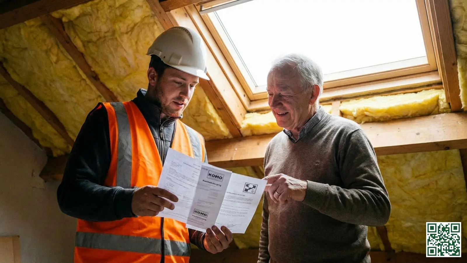 Isolatiemonteur toont certificeringsdocumenten aan huiseigenaar in Nederlandse zolderruimte met isolatiemateriaal