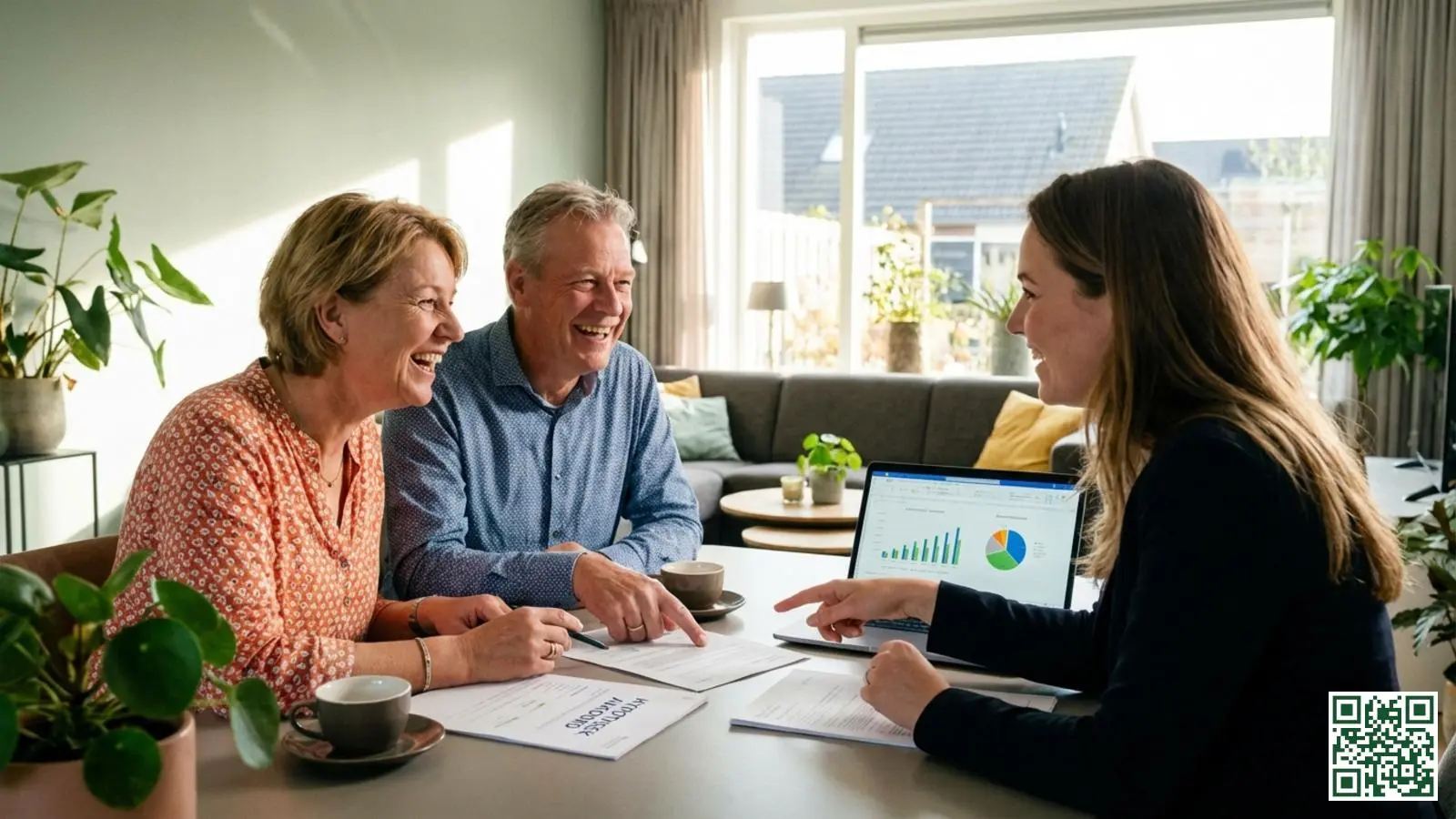 Stel bespreekt hypotheekvoordelen voor energiezuinige woning met adviseur aan tafel
