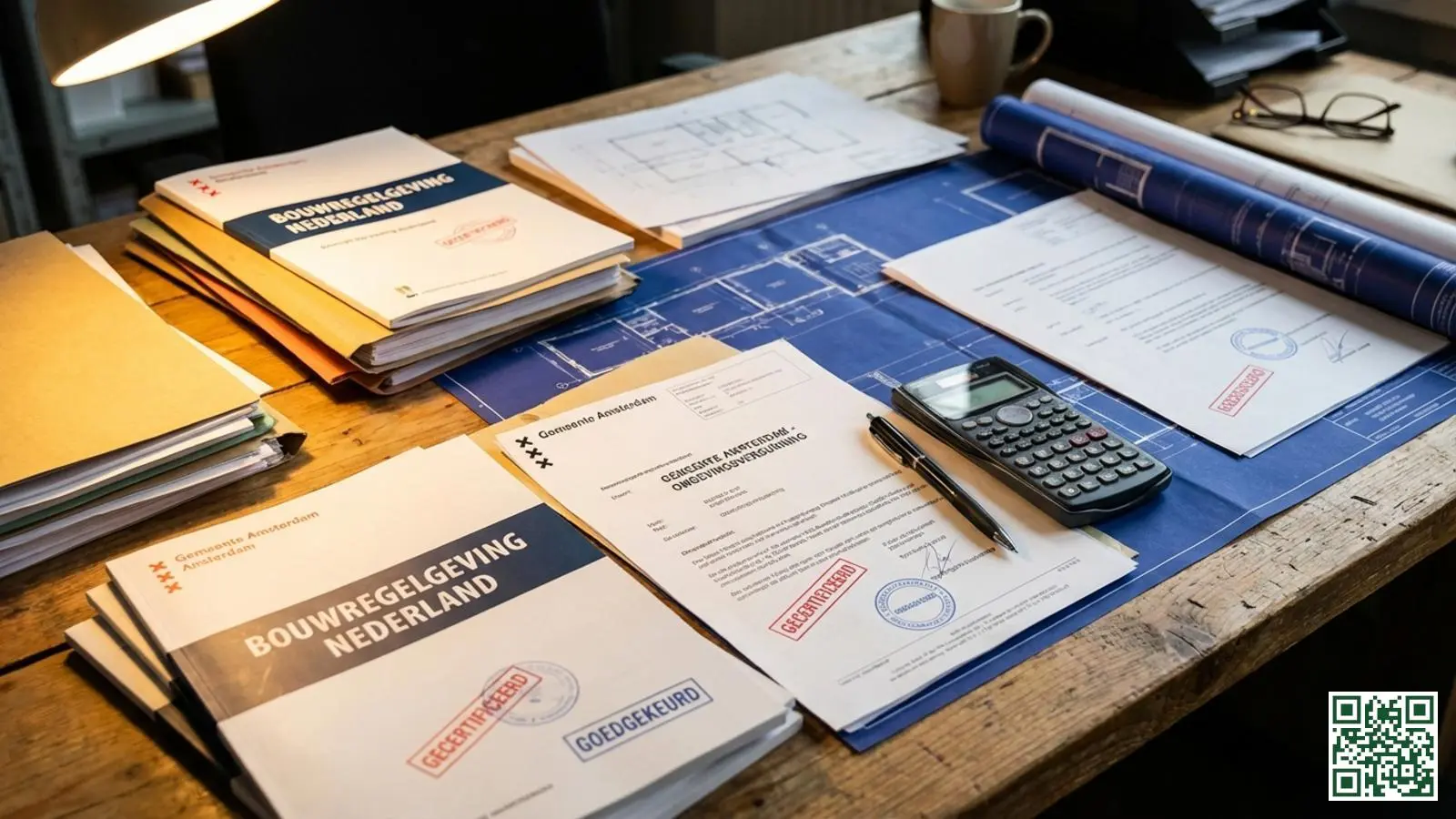 Officiële documenten en regelgeving voor dakisolatie uitgespreid op een houten bureau met rekenmachine en pen