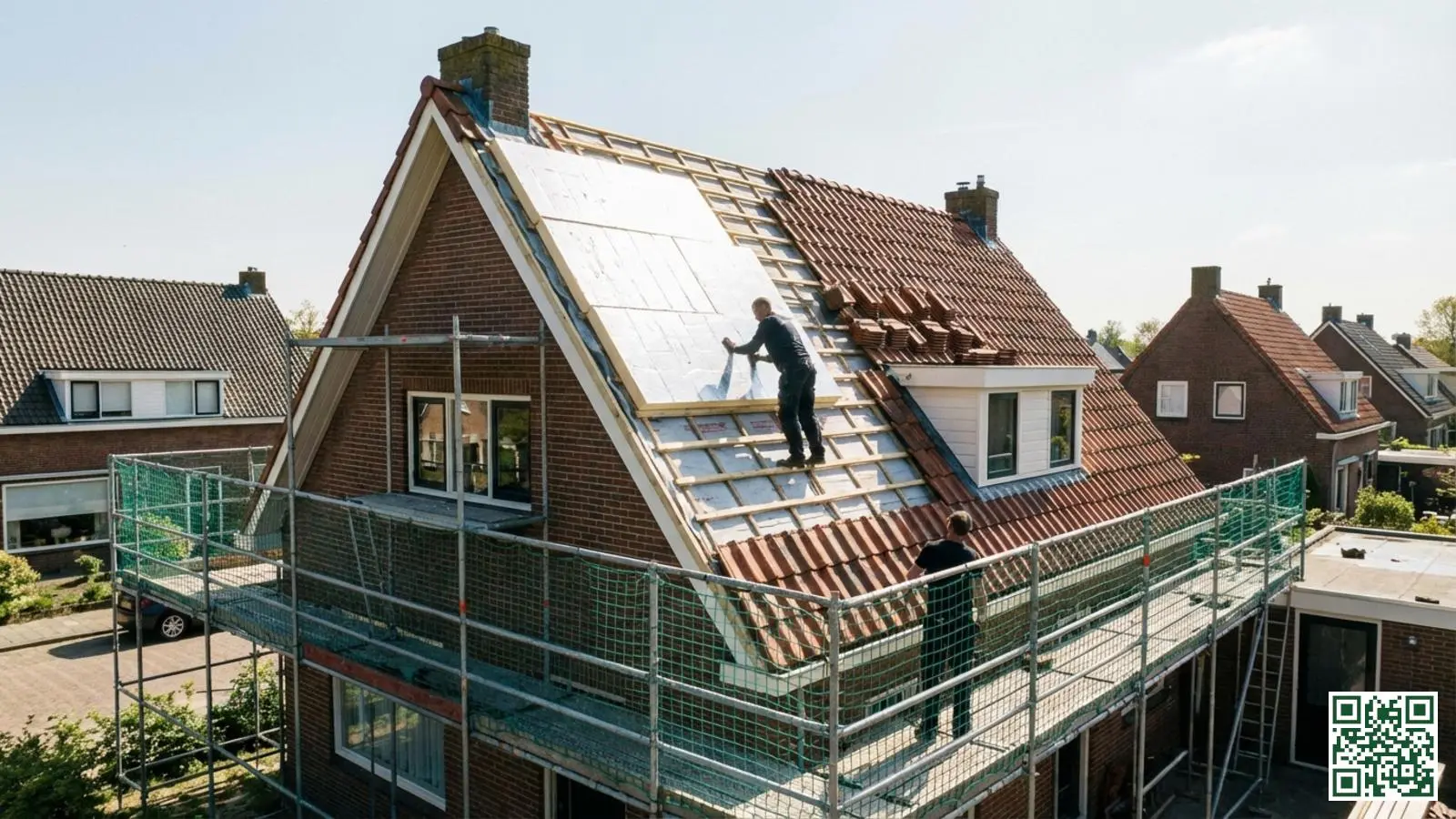 Buitenisolatie van een dak met de sarking methode waarbij isolatieplaten bovenop de dakconstructie worden geplaatst