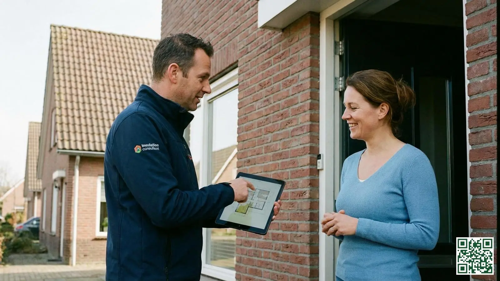 Adviseur van een isolatiebedrijf bespreekt dakisolatieplannen met een huiseigenaar bij een Drentse woning