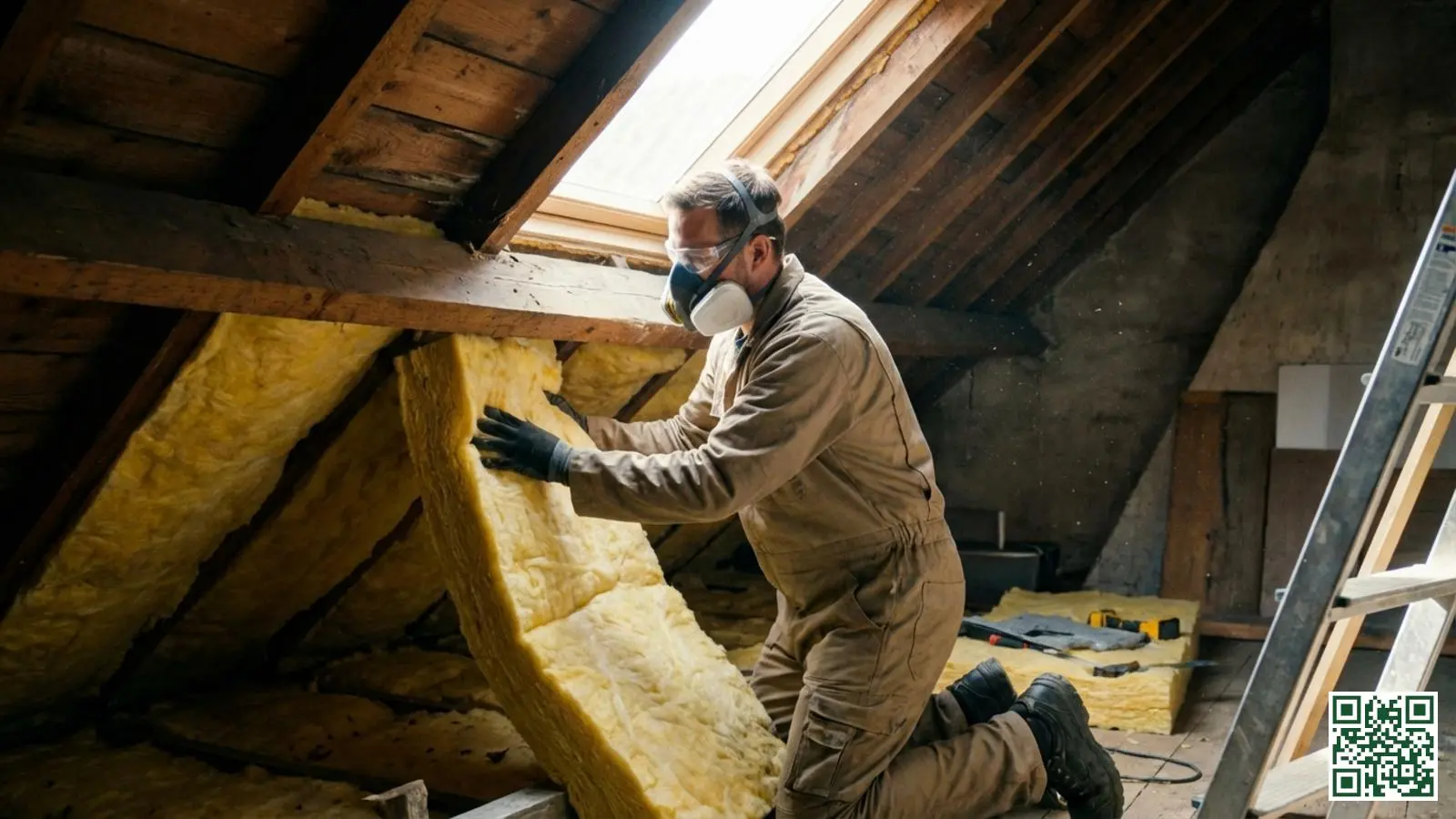 Professionele isolatiemonteur plaatst minerale wol isolatie tussen dakbalken op een Nederlandse zolder