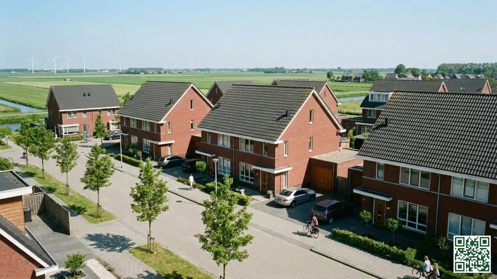 Moderne nieuwbouwwijk in Flevoland met typische Nederlandse eengezinswoningen en schuine daken in een polderlandschap