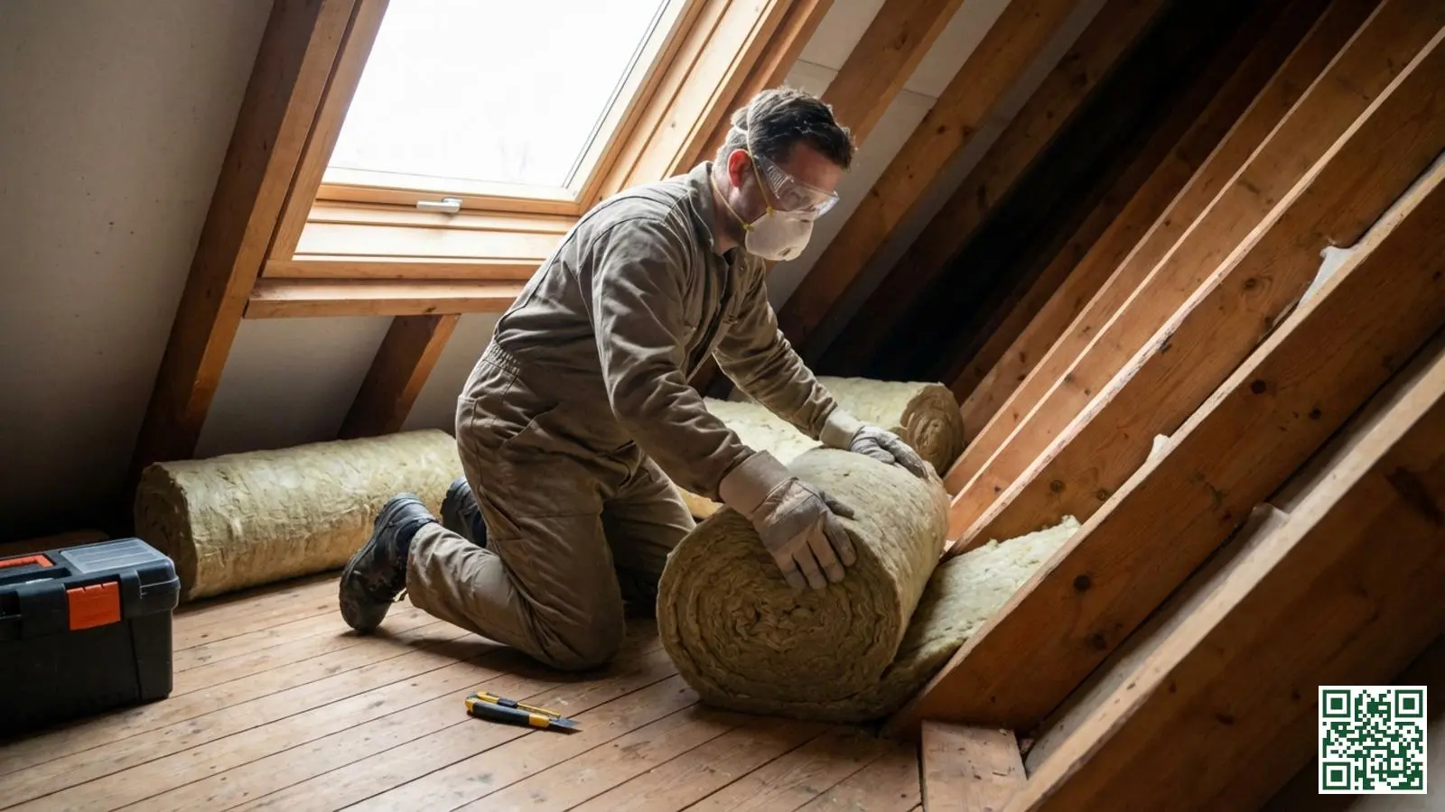 Professionele isolatiemonteur met beschermende kleding en mondkapje aan het werk op een zolder