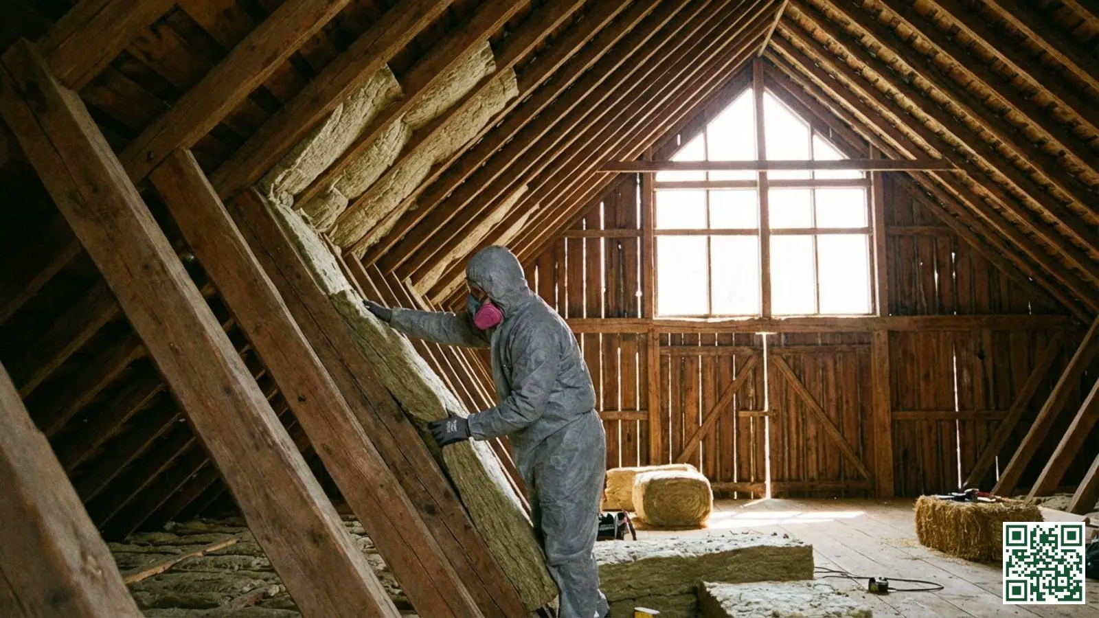 Vakman plaatst minerale wol isolatie tussen houten dakbalken in grote Friese boerderijkap