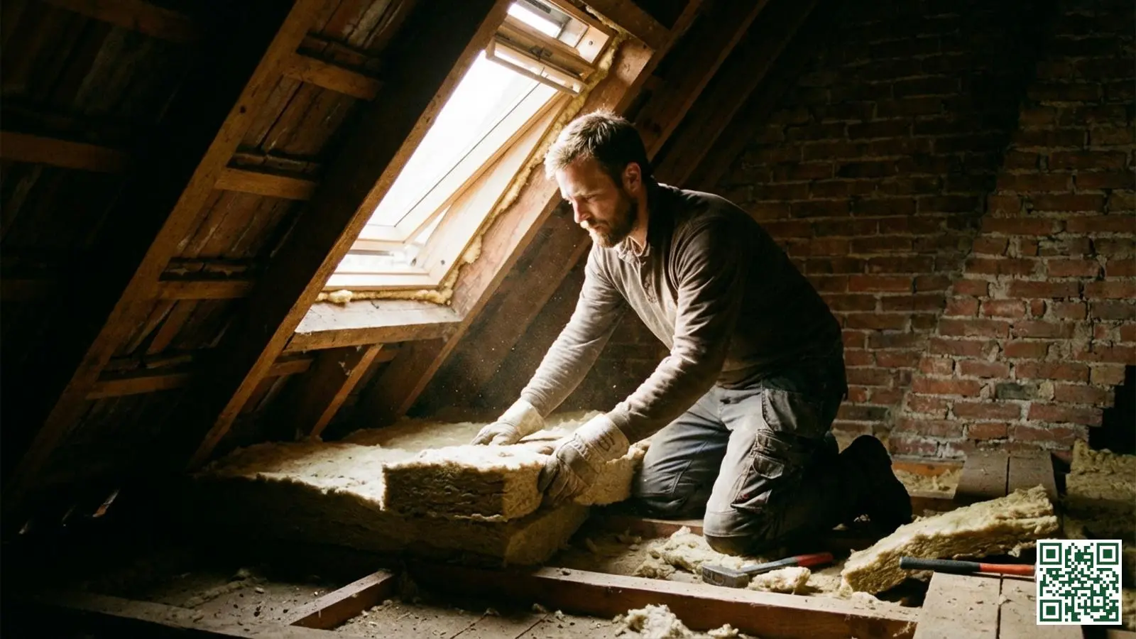 Professionele isolatiemonteur plaatst minerale wol tussen dakbalken op een Nederlandse zolder