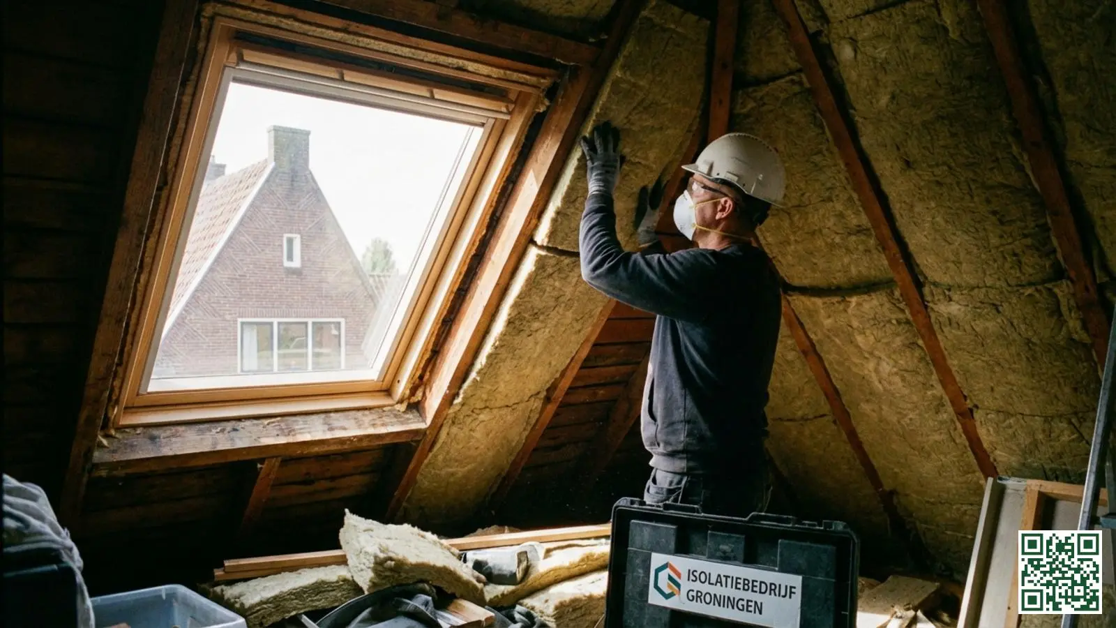Vakman plaatst minerale wol isolatie tussen dakbalken van een Groningse woning tijdens renovatie