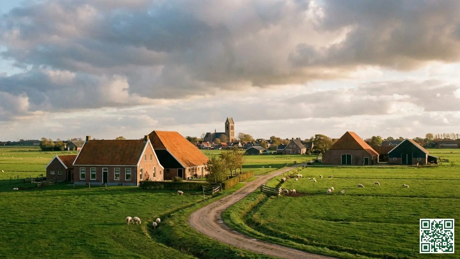 Typisch Gronings landschap met traditionele woningen en kerktoren in het vlakke polderlandschap