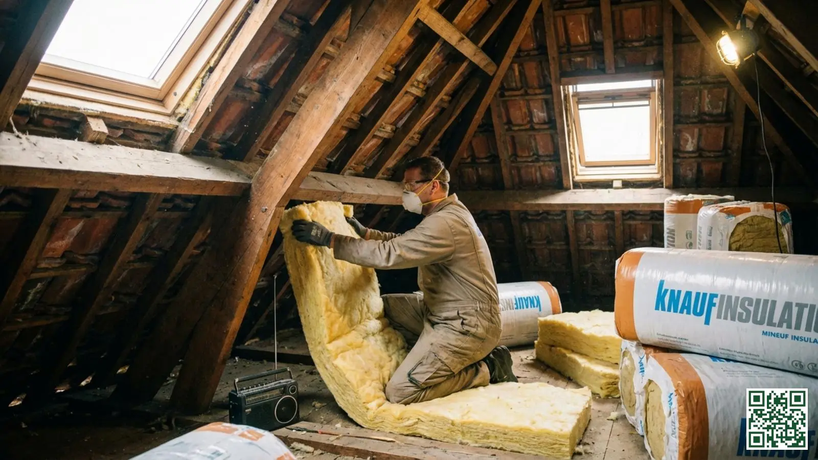 Professionele isolatiemonteur plaatst minerale wol tussen dakspanten in zolderruimte van Limburgse woning