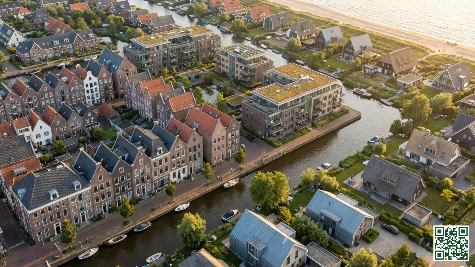 Luchtfoto van diverse woningen en daktypes in Noord-Holland met grachtenpanden en moderne huizen