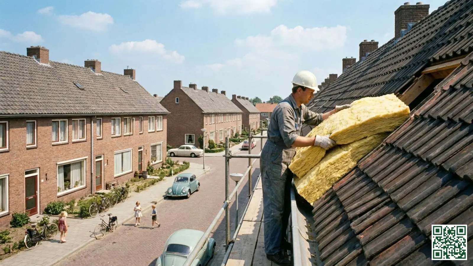 Isolatiewerkzaamheden aan een rijtjeswoning in een naoorlogse wijk in Noord-Holland met zichtbare minerale wol