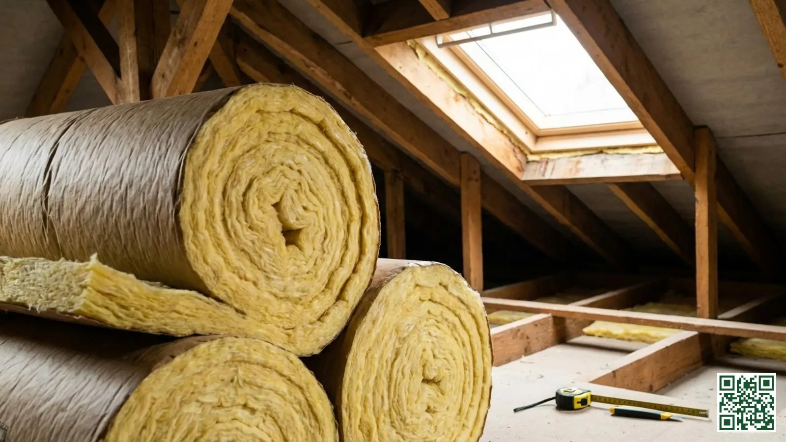 Rollen glaswol isolatiemateriaal klaargelegd voor installatie op een zolder in Overijssel