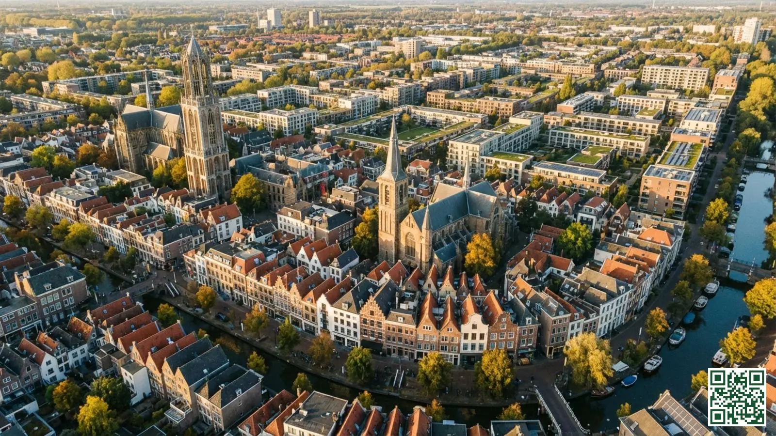 Luchtfoto van Utrecht met historische grachtenpanden in het centrum en moderne woonwijken op de achtergrond