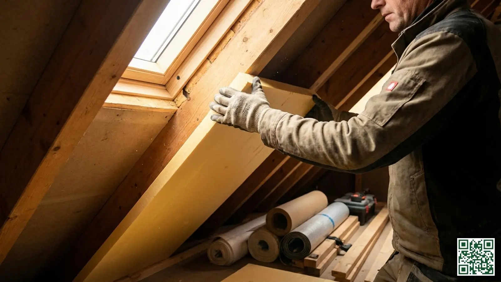 Vakman plaatst vochtbestendige isolatieplaten tussen de dakbalken van een Zeeuwse woning