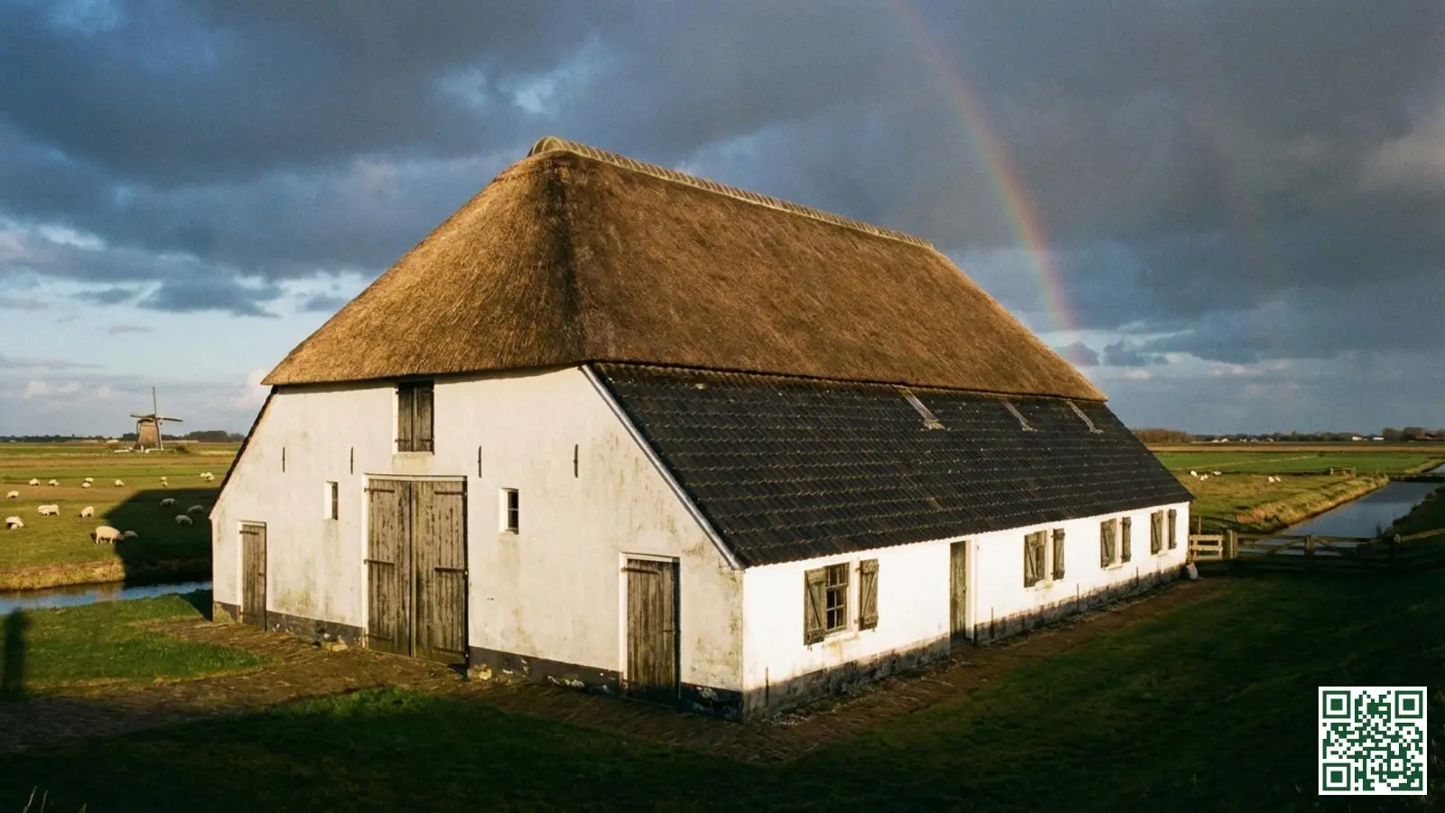 Karakteristieke Zeeuwse schuurwoning met grote dakoppervlakte geschikt voor dakisolatie in het polderlandschap