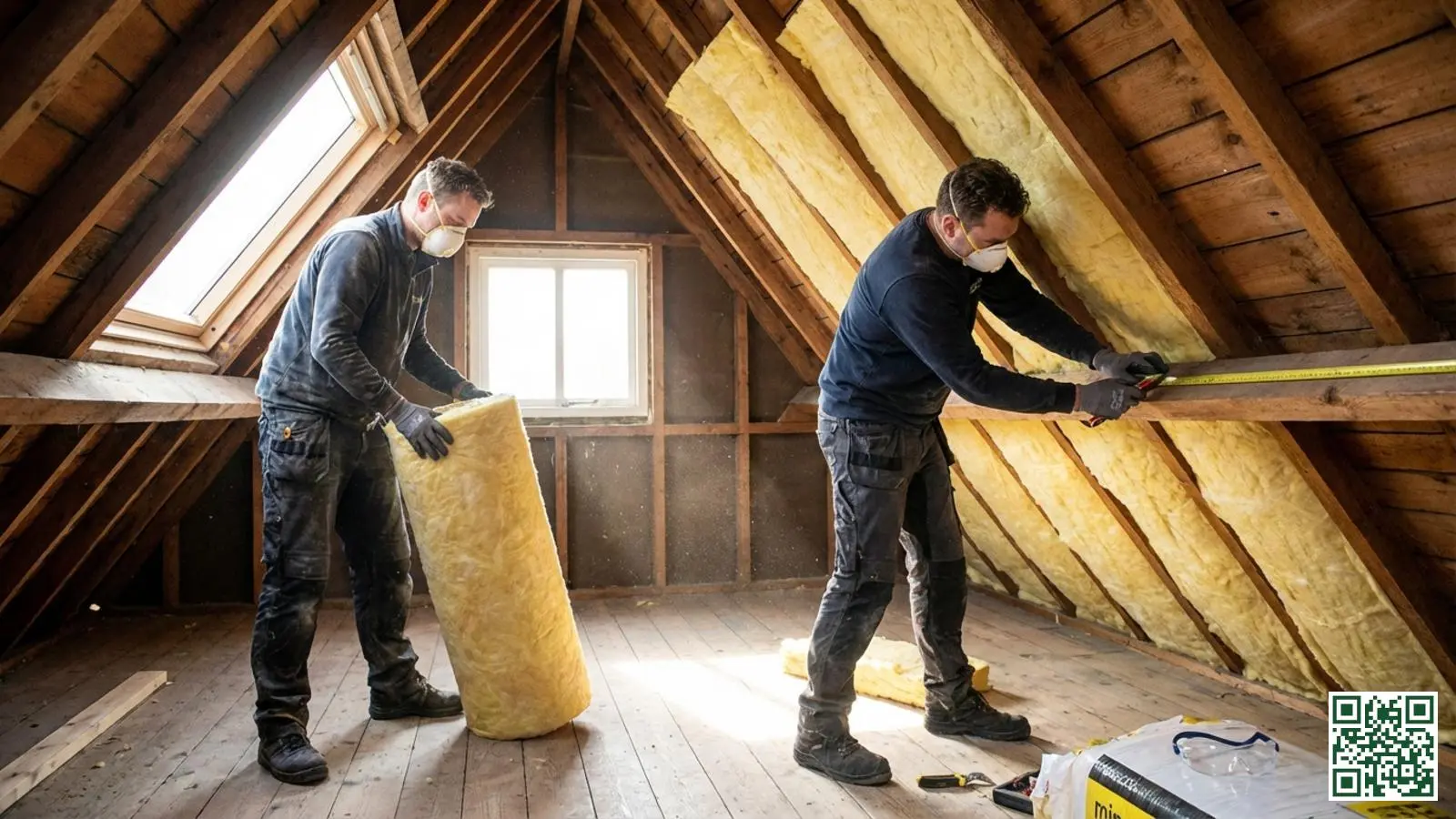 Twee vakmannen plaatsen minerale wol isolatie tussen de dakbalken op een Nederlandse zolder