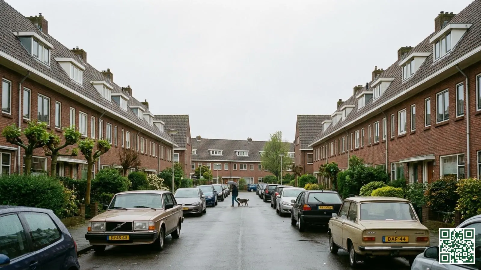 Straat met typische Nederlandse wederopbouwwoningen uit de jaren vijftig in Zuid-Holland met schuine daken