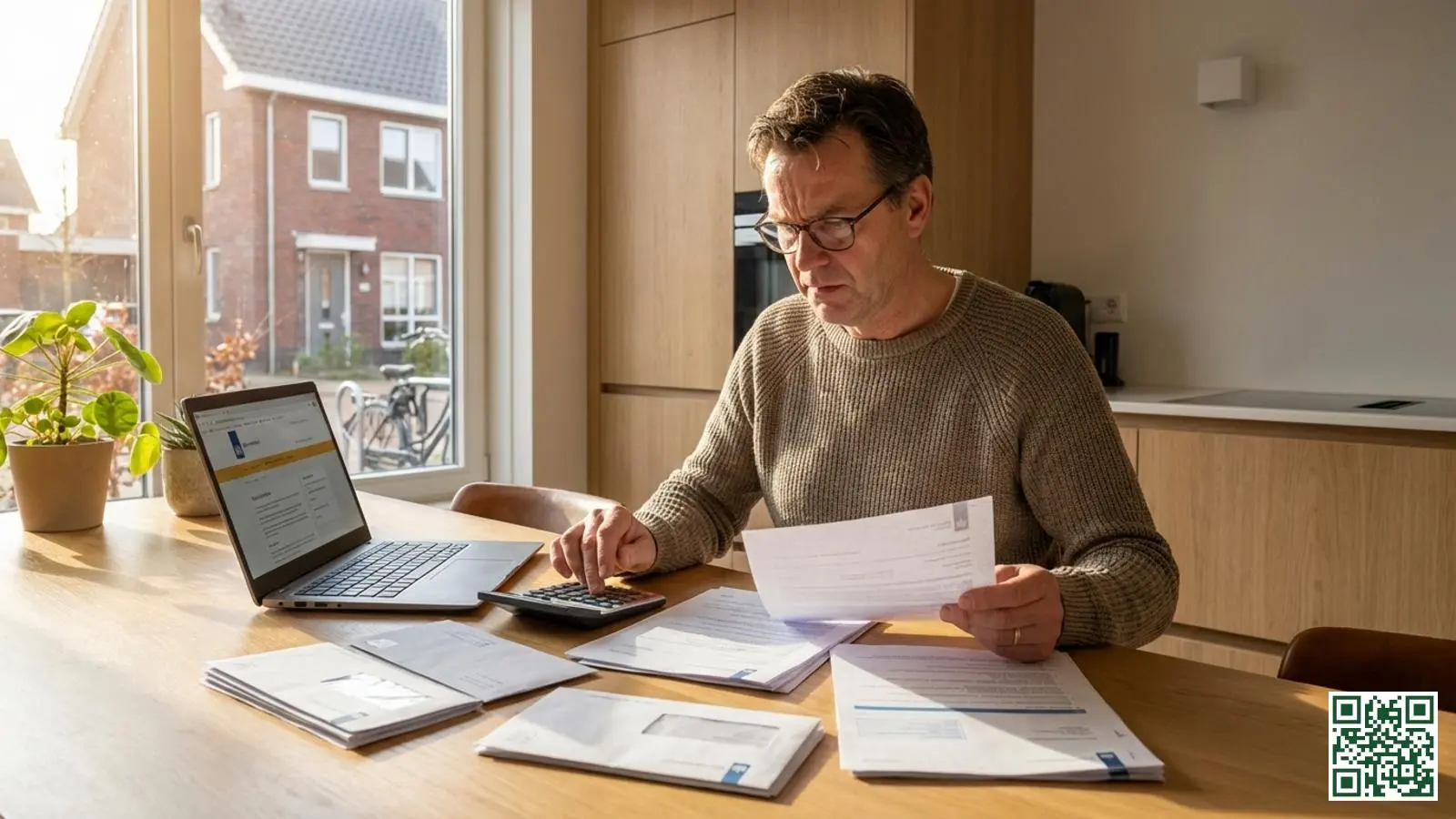 Nederlandse huiseigenaar bekijkt subsidiedocumenten voor dakisolatie met rekenmachine en laptop op keukentafel