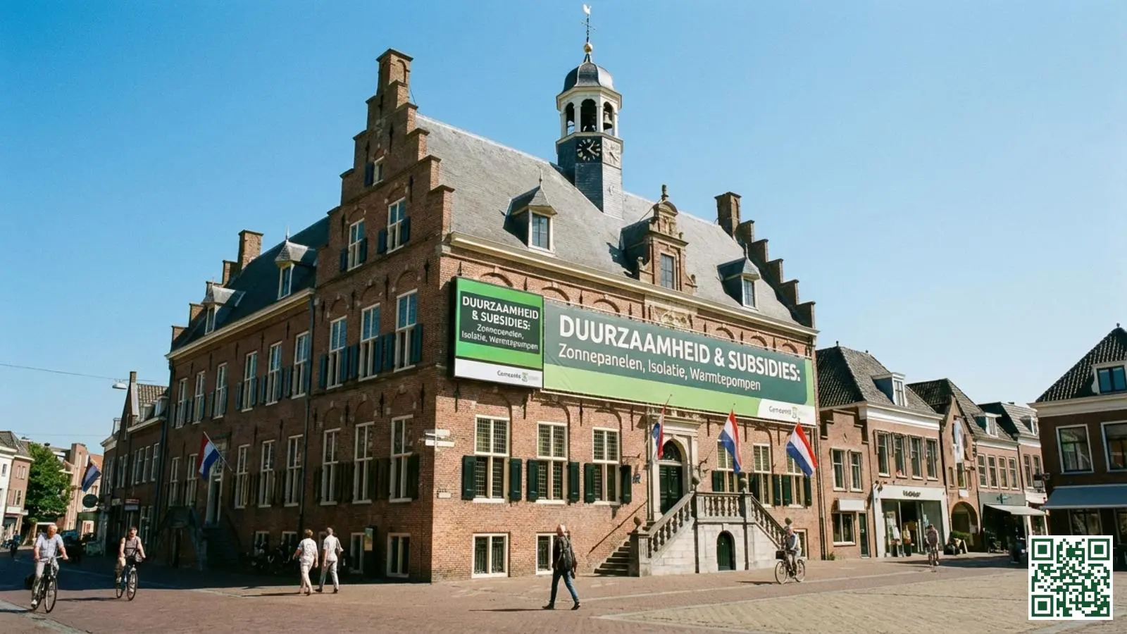 Nederlands gemeentehuis met informatiebord over duurzaamheidssubsidies voor woningeigenaren