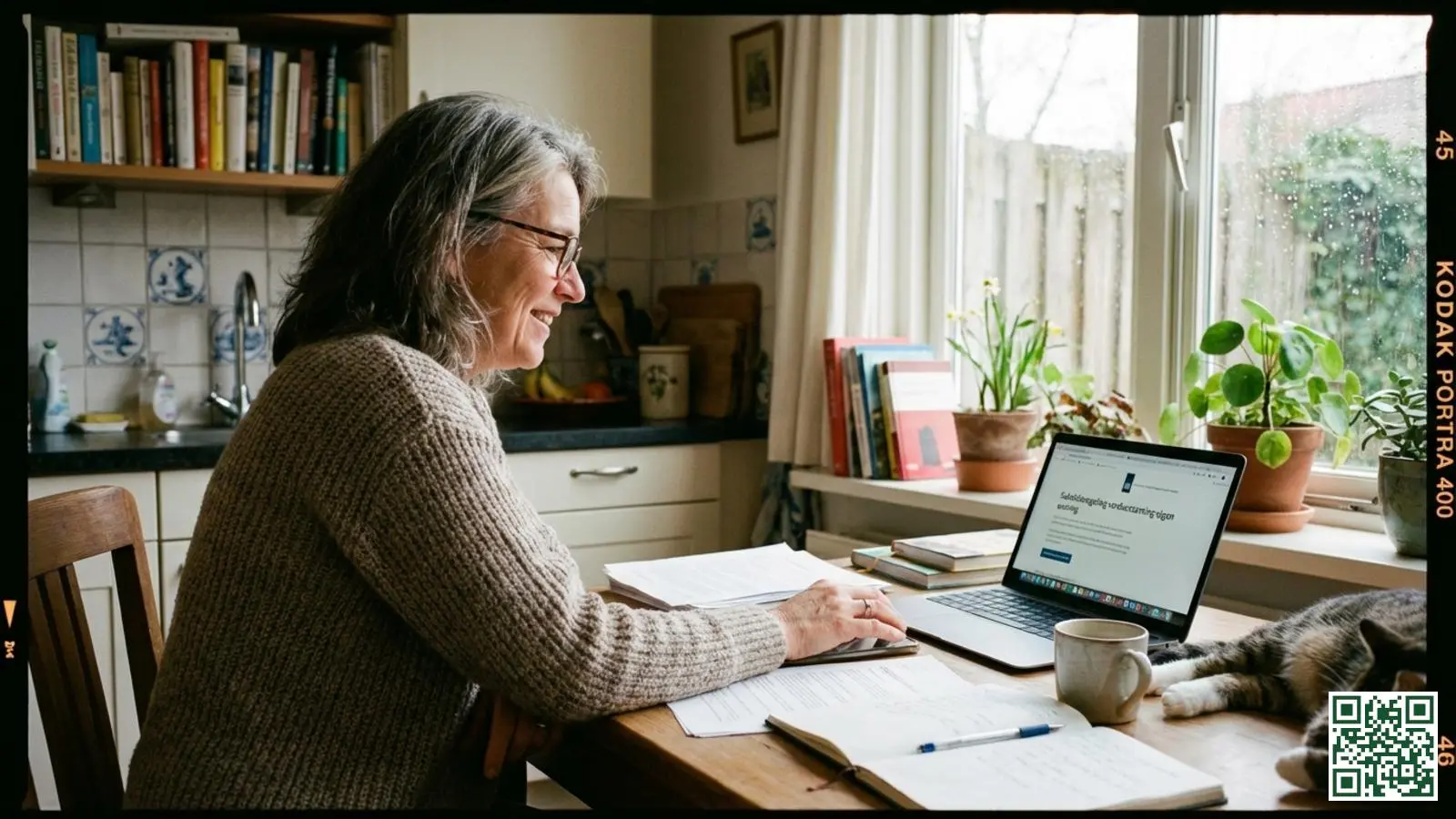 Huiseigenaar zoekt informatie over gemeentelijke isolatiesubsidies op laptop aan keukentafel