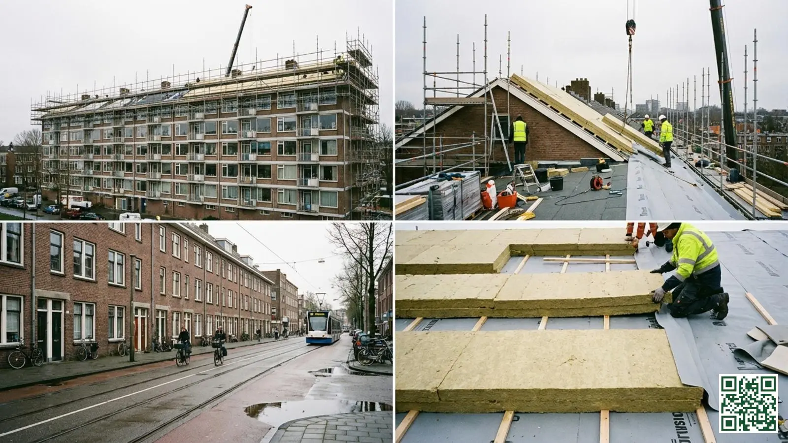 Woningcorporatie flatgebouw met dakisolatie werkzaamheden en steigers op het dak