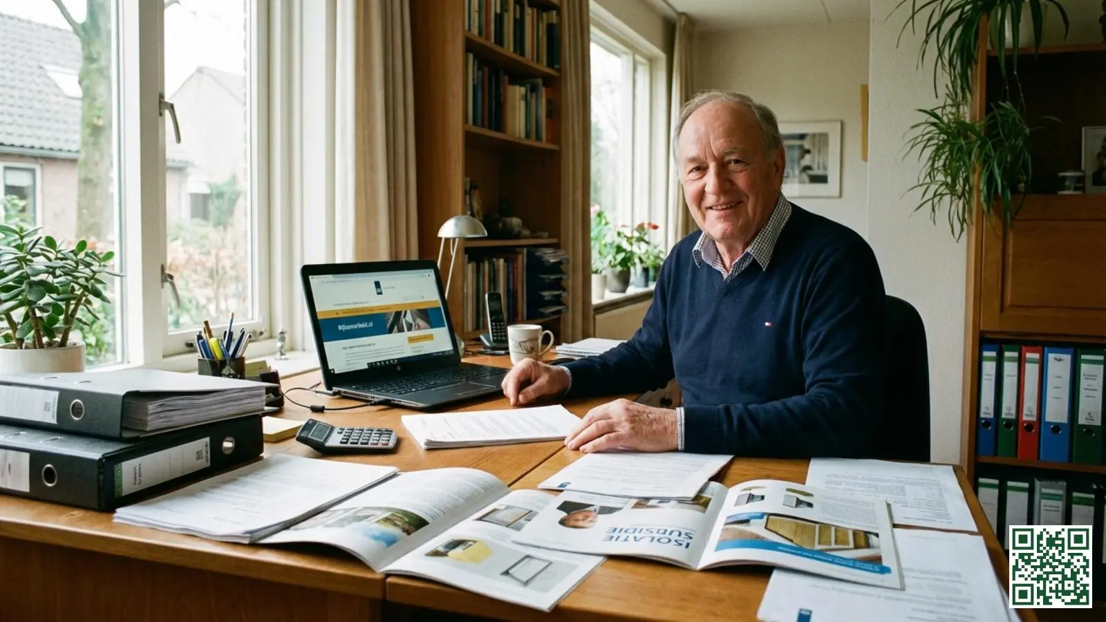 Huiseigenaar bereidt ISDE subsidieaanvraag voor aan bureau met laptop en documenten