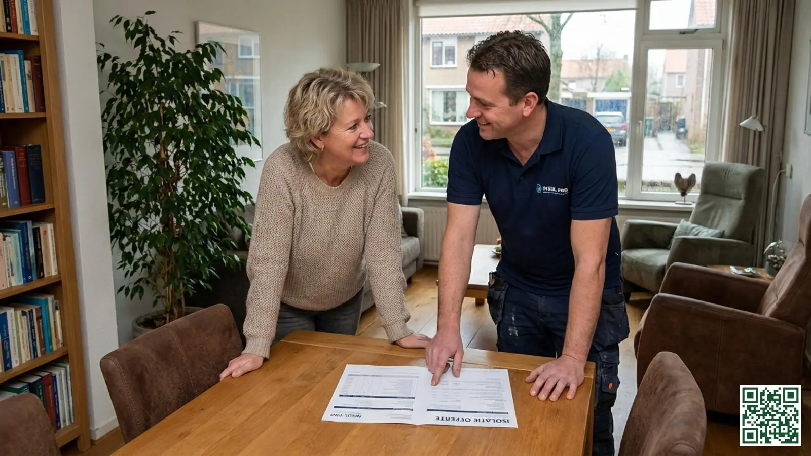 Isolatiespecialist bespreekt offerte met gedetailleerde specificaties met huiseigenaar in woonkamer