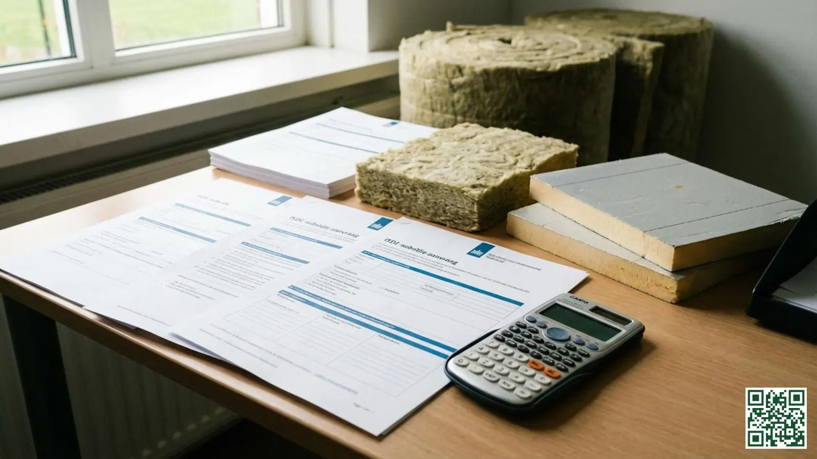 ISDE subsidie aanvraagdocumenten op bureau met dakisolatiemateriaal en rekenmachine