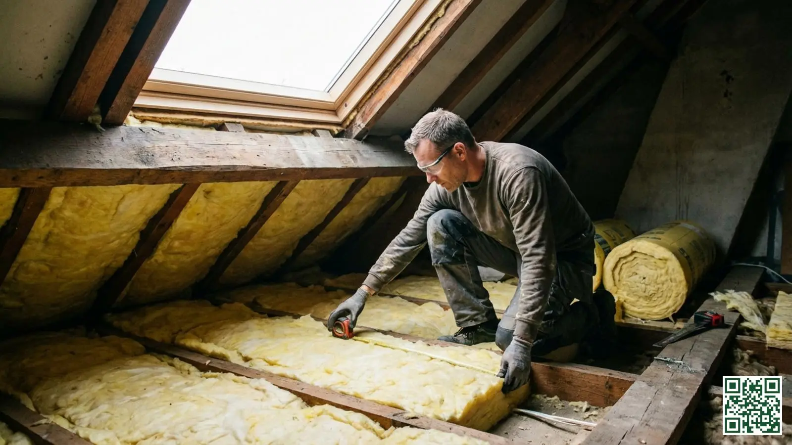 Professionele isolatiemonteur controleert de dikte van minerale wol dakisolatie in een zolderruimte