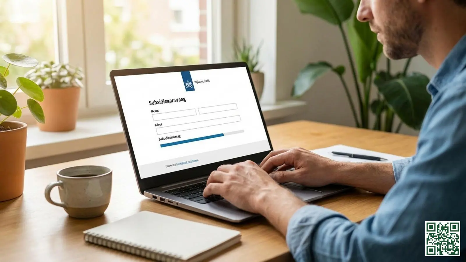 Persoon vult online subsidieaanvraag voor dakisolatie in op laptop thuis