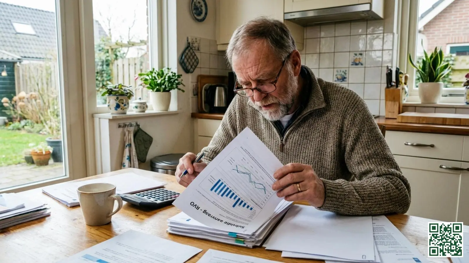 Woningeigenaar bekijkt subsidieaanvraag documenten voor dakisolatie aan de keukentafel