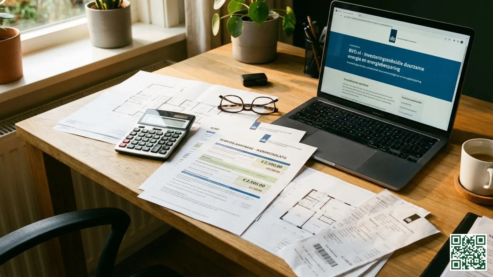 Subsidie aanvraagdocumenten voor dakisolatie met rekenmachine en laptop op bureau