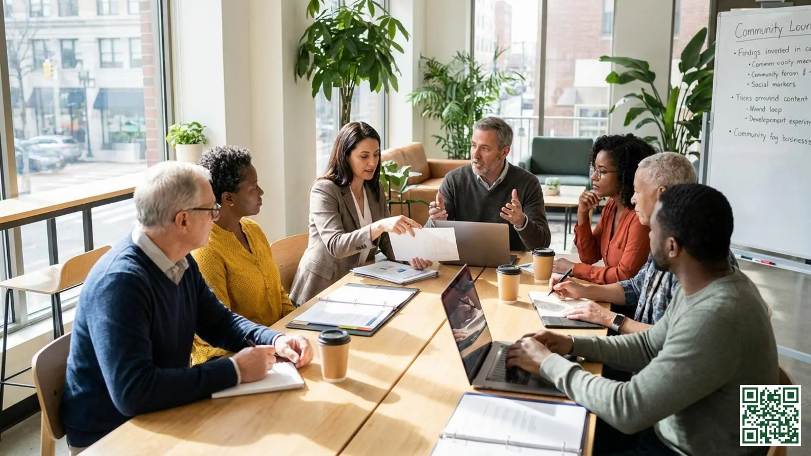 VvE-leden vergaderen over dakisolatie plannen in een moderne gemeenschappelijke ruimte