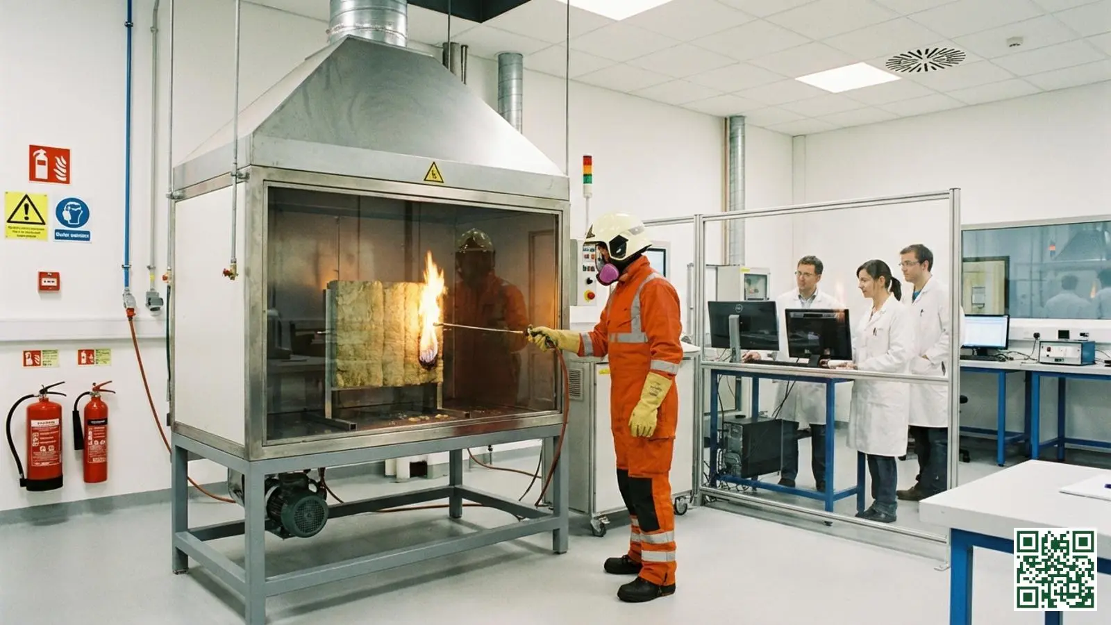 Professionele brandveiligheidstest van isolatiematerialen in een laboratoriumomgeving met veiligheidsapparatuur