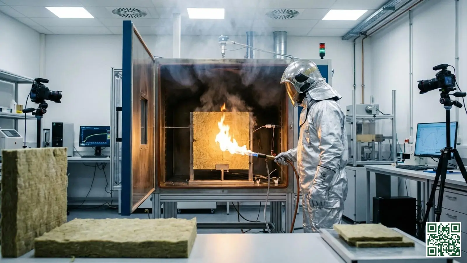Brandveiligheidstest van isolatiemateriaal in een laboratorium met technieker en testapparatuur