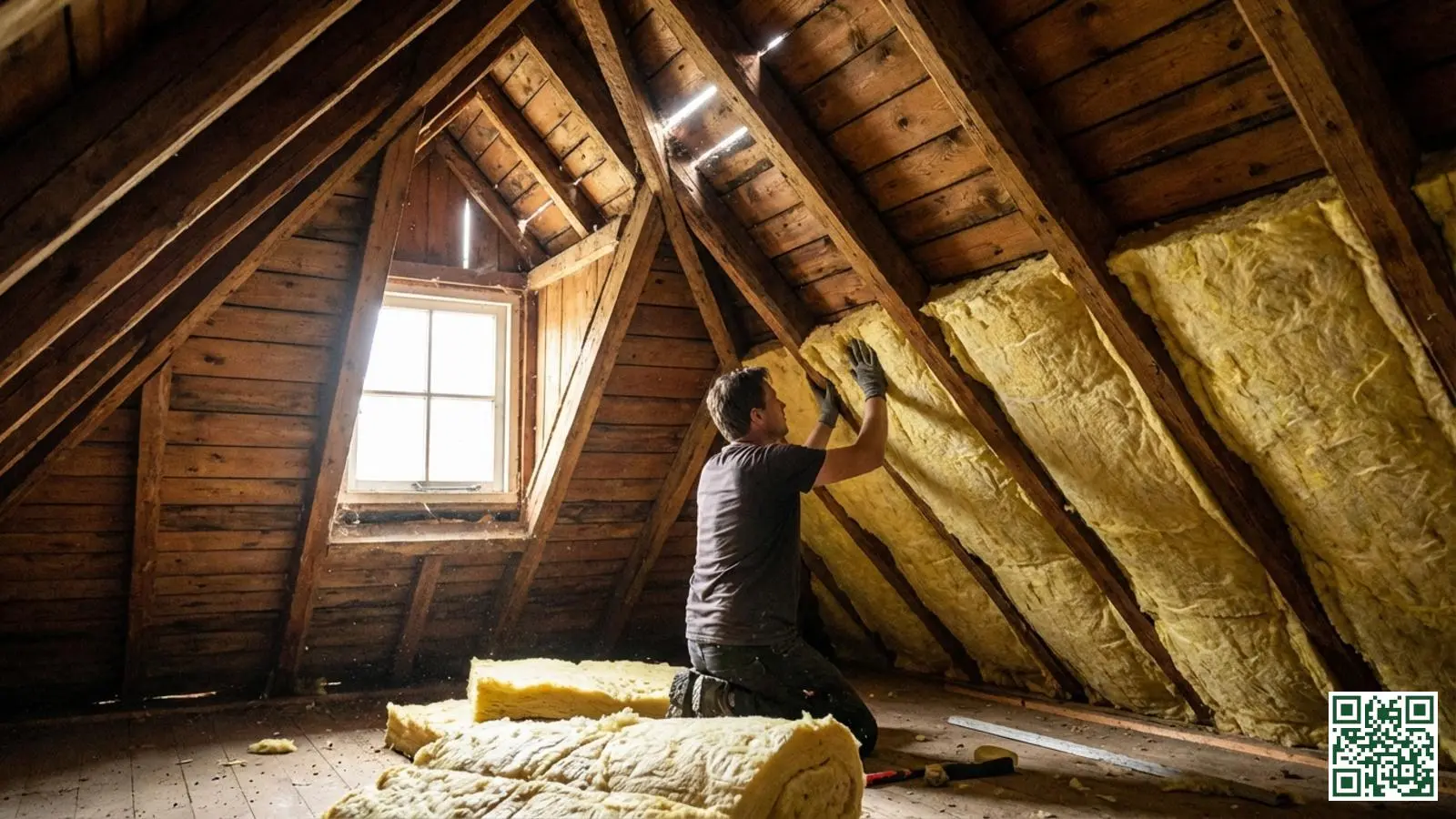 Houten dakconstructie met minerale wol isolatie tussen de balken in een Nederlandse zolder