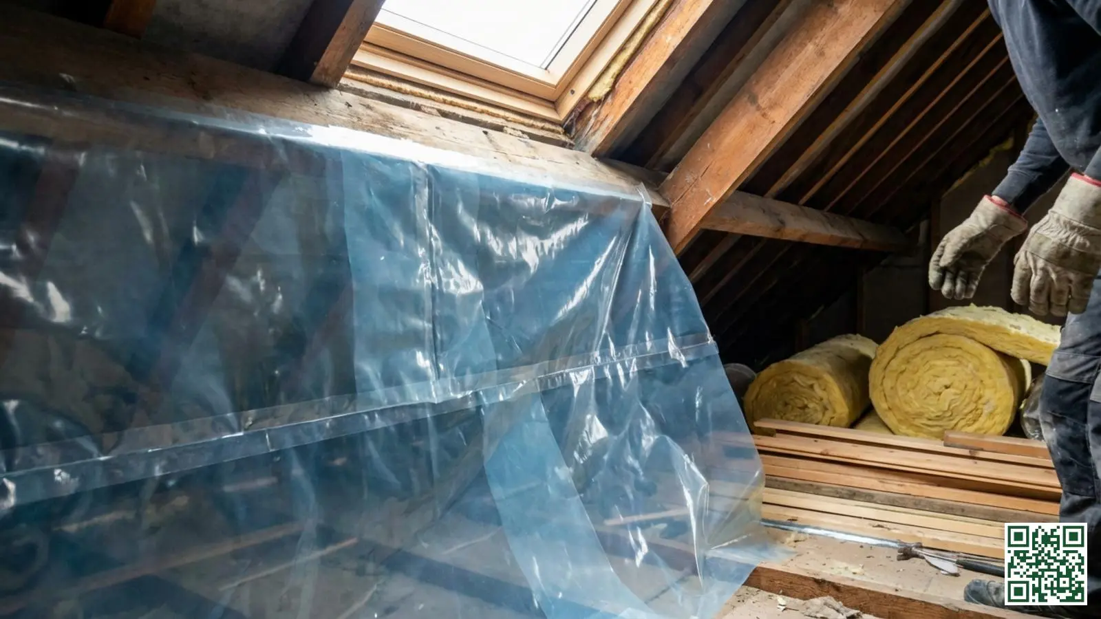 Vakman installeert dampschermfolie tegen houten dakbalken in een Nederlandse zolderruimte