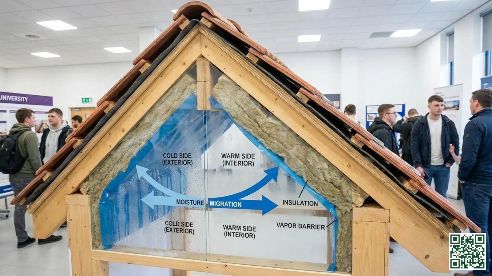 Doorsnede van een dakconstructie die vochttransport door isolatielagen en dampscherm laat zien